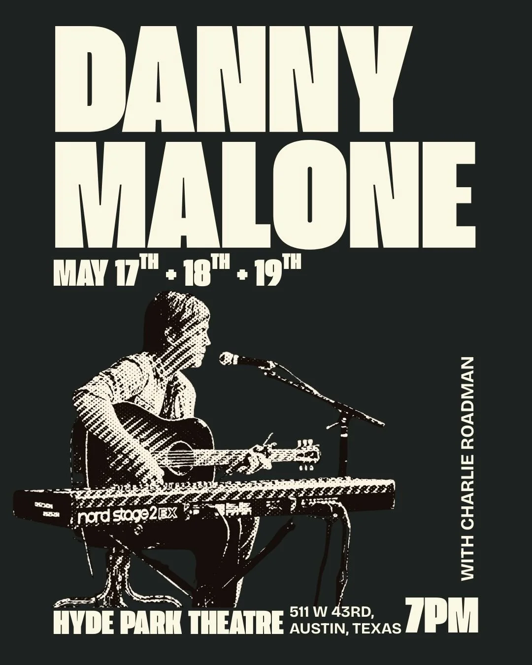 Black and white photo of a white man sitting behind a keyboard playing a guitar and singing into a mic, with text as on this page