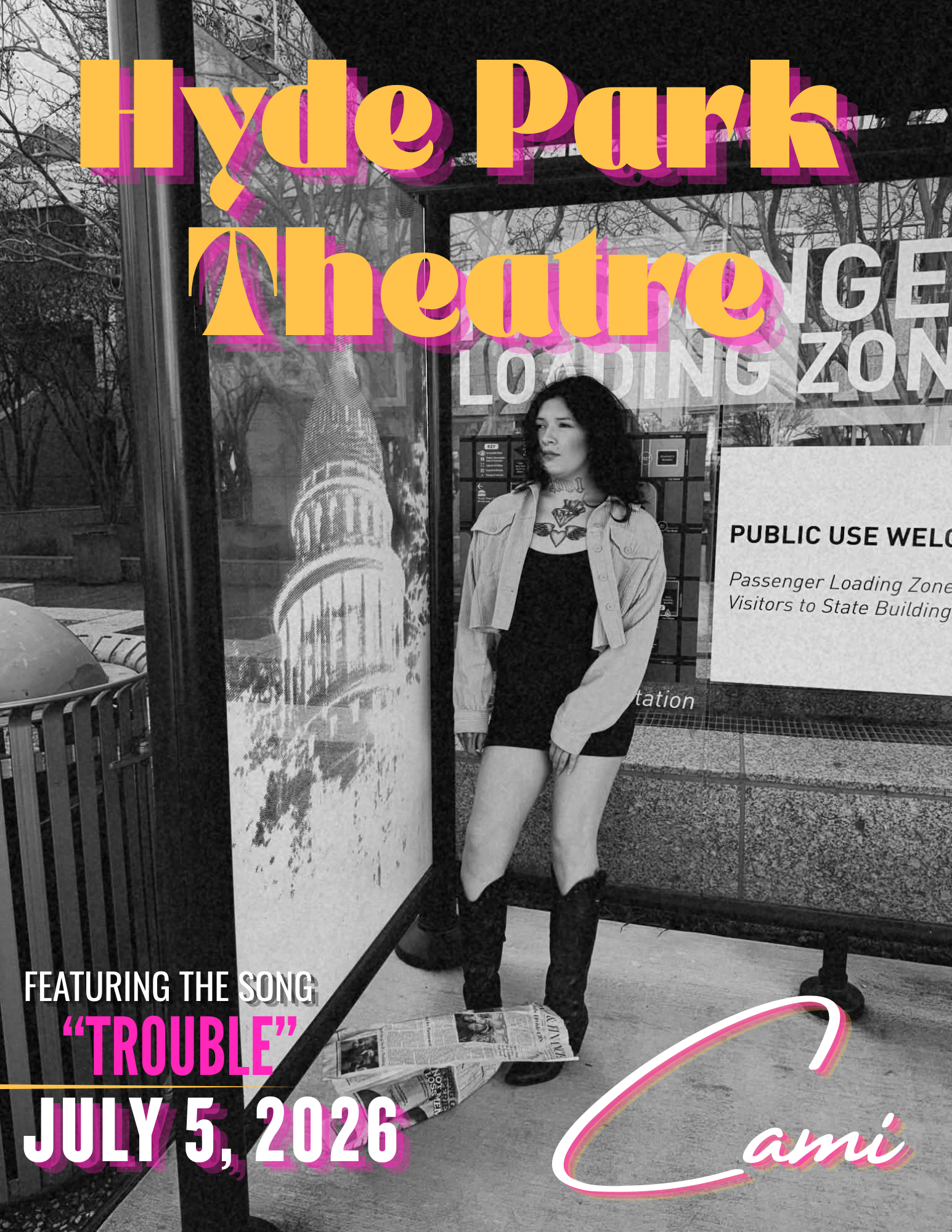 black and white photo of a dark-haired white woman woman in short shorts and tall cowboy boots at a downtown Austin bus stop, the Capitol reflected in the lass 