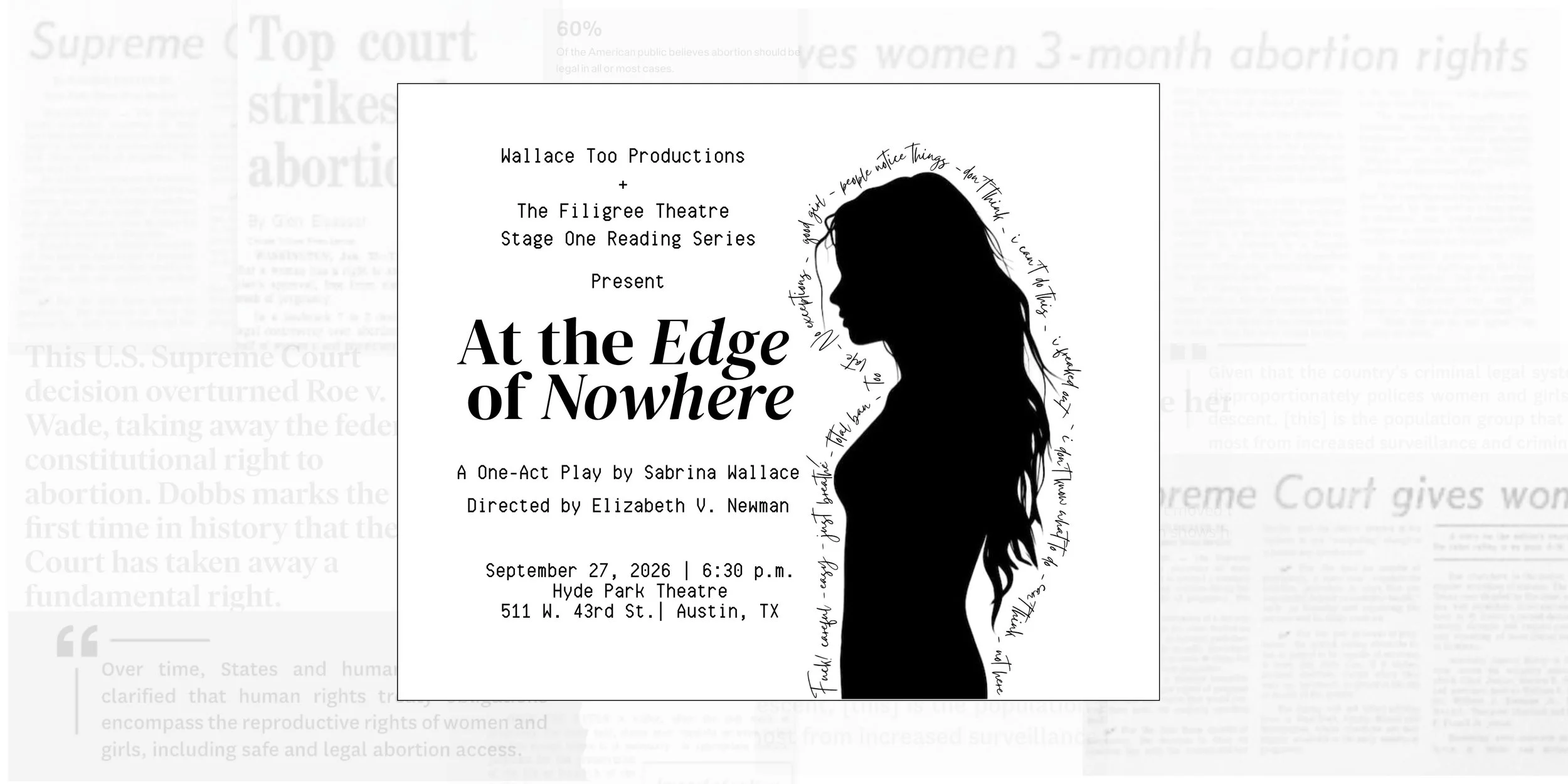silhouette of a young woman with long tangled hair against newspaper faded almost to white; her image is surrounded by handwritten words like "people notice things," "don't think," "i can't do this"