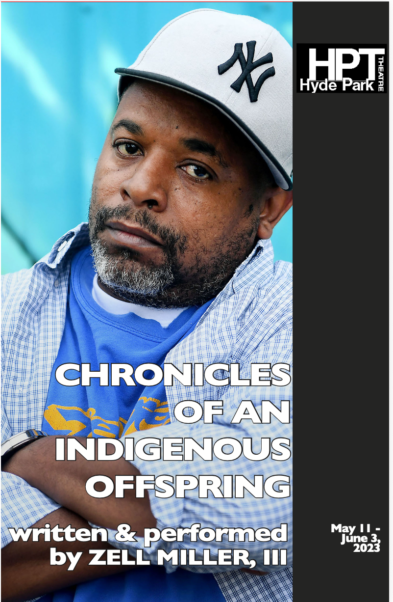 program cover for Chronicles of an Indigenous Offspring, featuring a black man with short mustache and beard in a Yankees ballcap, arms crossed over his chest