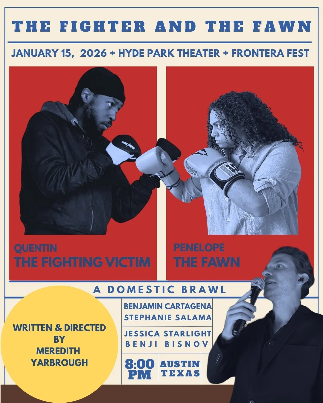a show poster in which black-and-white photos of a young black man and woman square off with boxing gloves. They’re labeled “QUENTIN; THE FIGHTING VICTIM” and “PENELOPE: THE FAWN. A DOMESTIC BRAWL.” Below them a white man with mic calls the fight