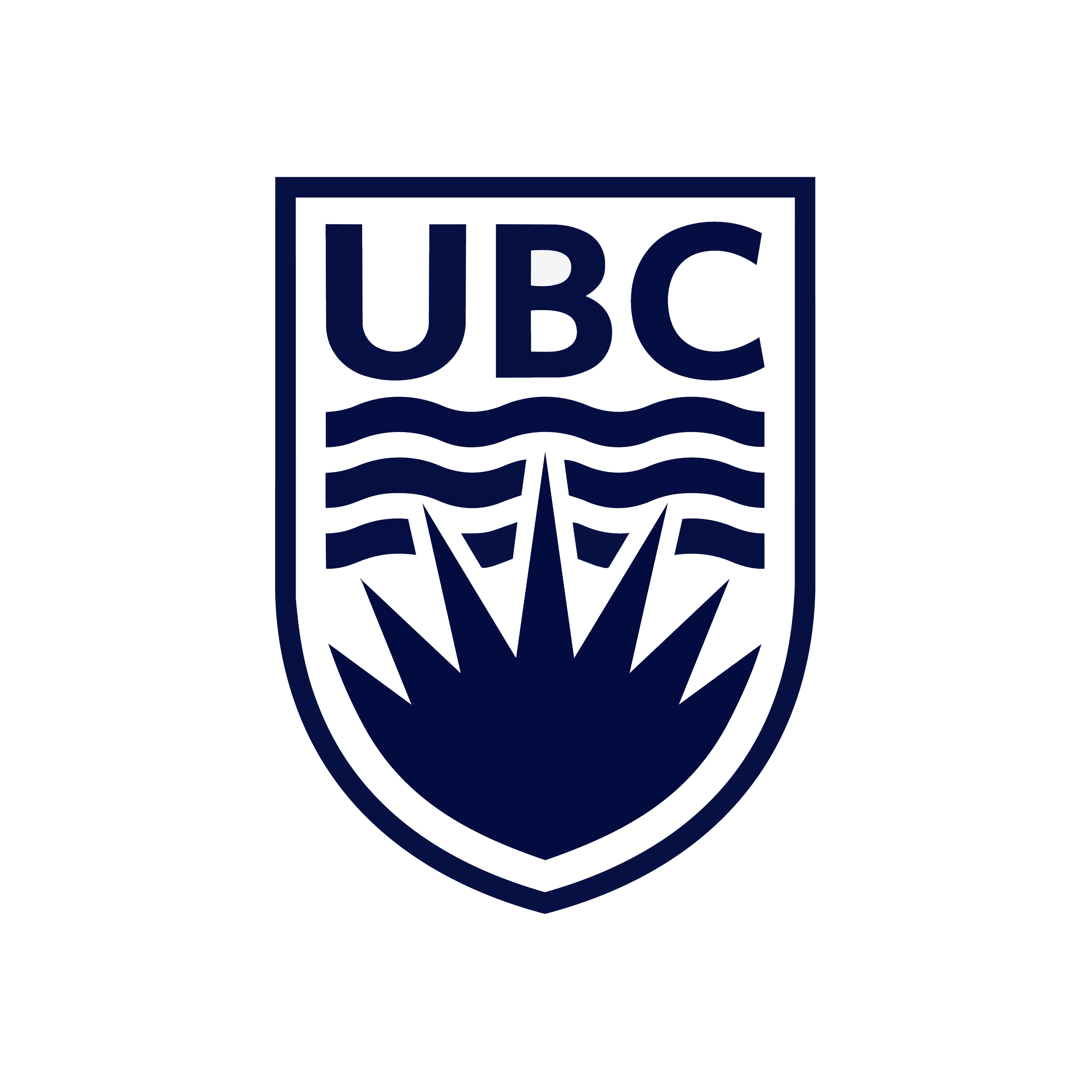 UBC logo with shield and waves design in navy blue on a black background