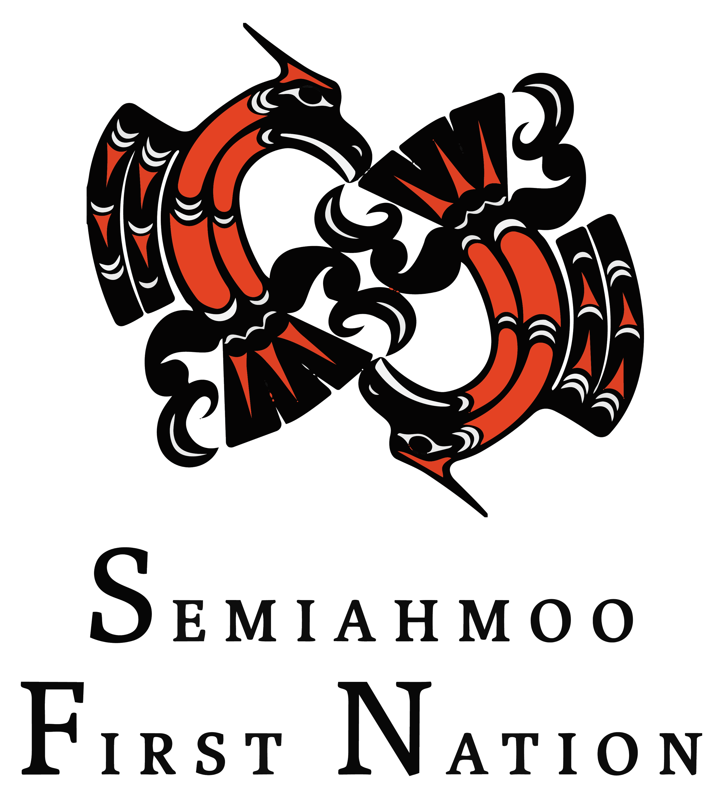 Logo for Semiahmoo First Nation featuring a stylized, symmetrical graphic of two birds facing each other, with red and black colors, and the text 'Semiahmoo First Nation' underneath.