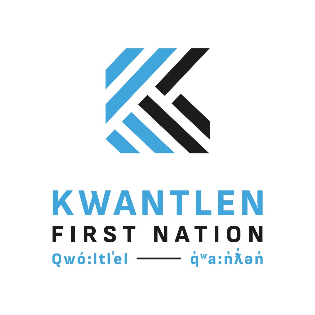 Logo with geometric shapes in blue and black, with text "KWANTLEN FIRST NATION" and words in different languages underneath.