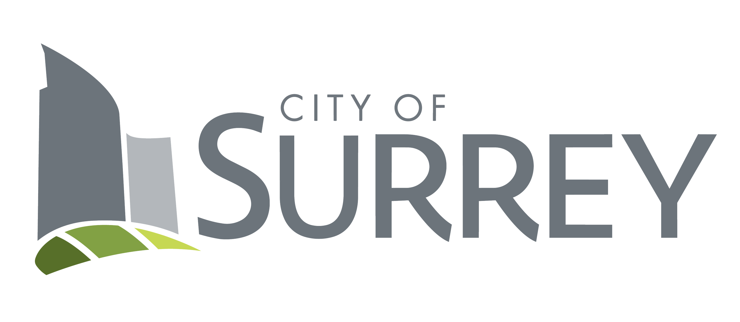 Stylized logo of the City of Surrey, featuring modern building graphics and green landscape elements.