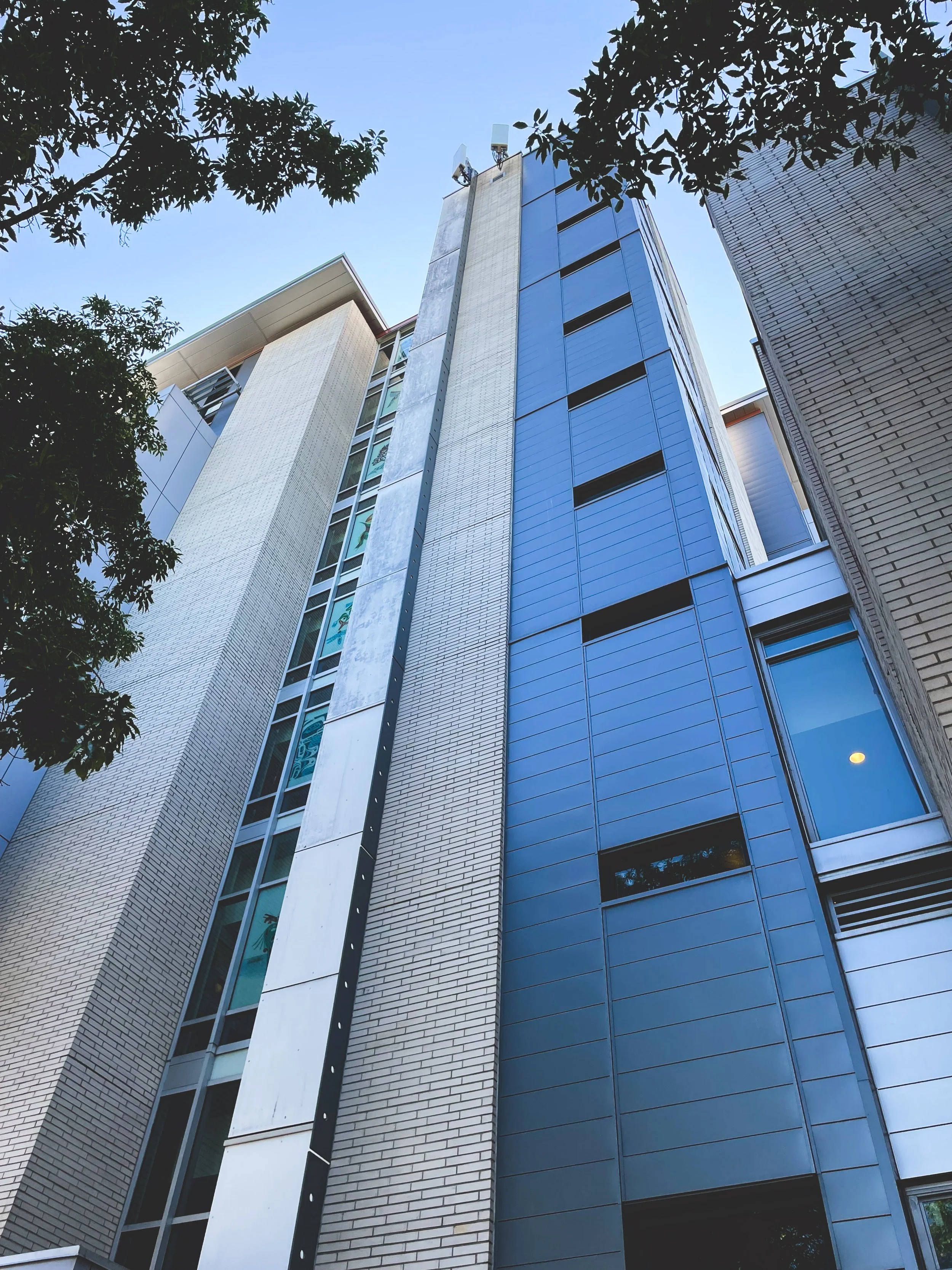 Low-angle view of a modern multi-story building with blue metallic panels, beige brickwork, and glass windows, with trees at the top framing the scene against a clear blue sky.