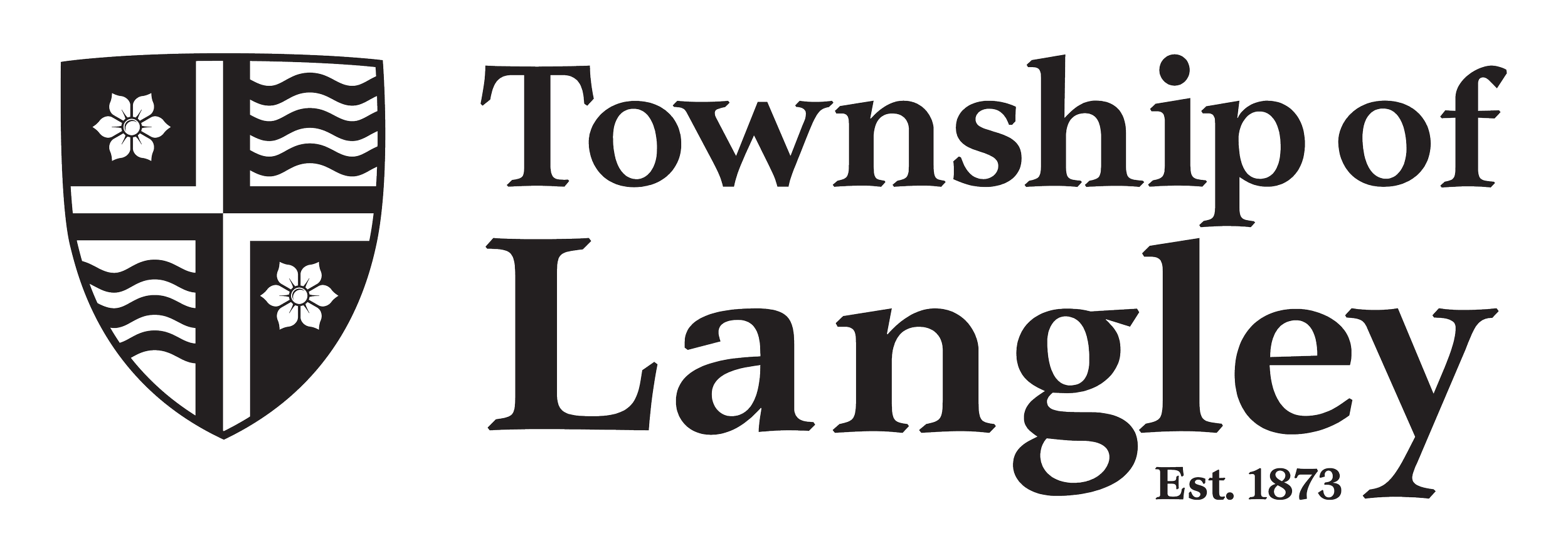 Logo of Township of Langley featuring a shield with a flower and wave designs, alongside the text 'Township of Langley', 'Est. 1873'.