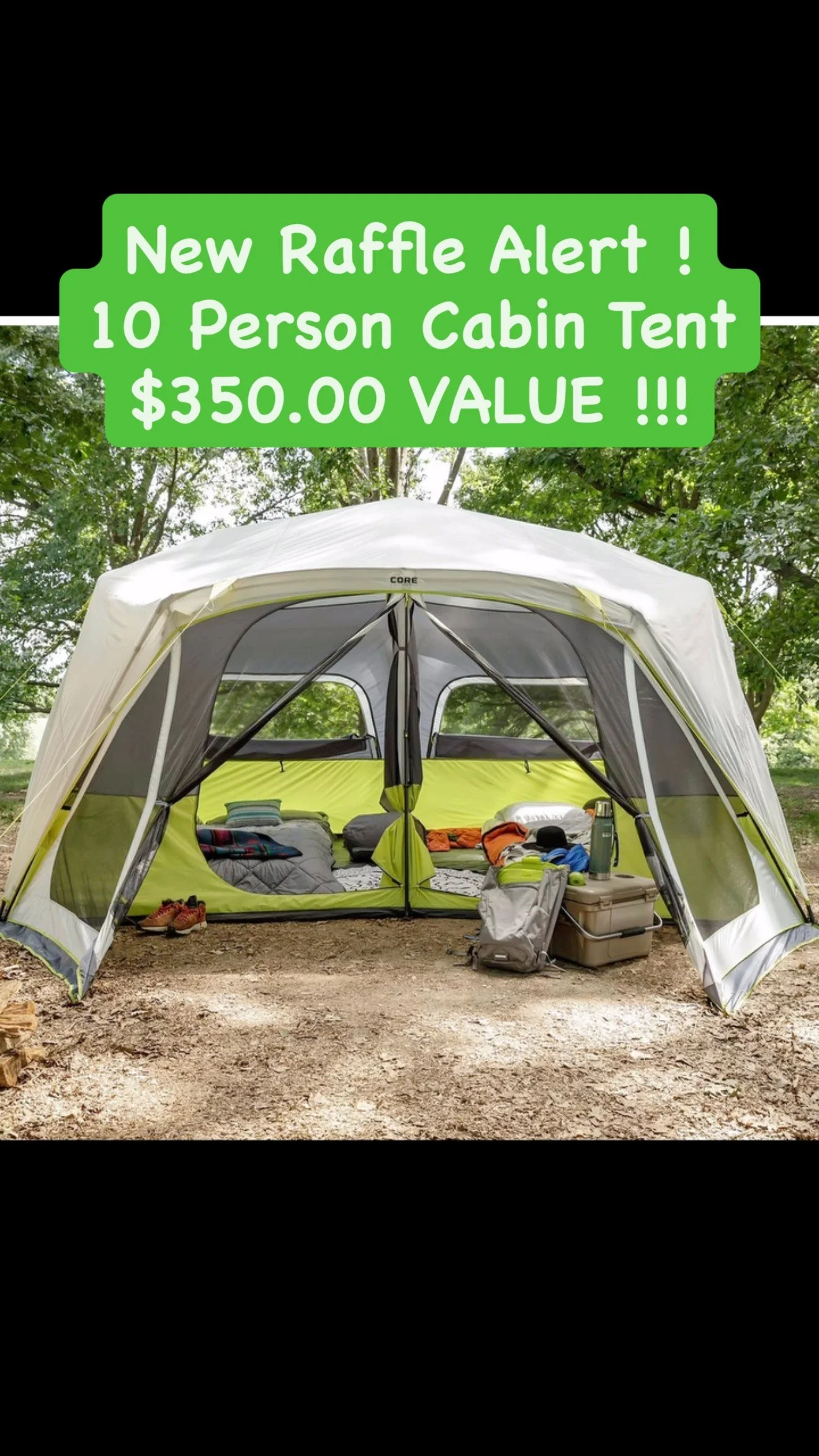 ποΈ RAFFLE ALERT! ποΈ
Get ready for your next adventure with this CORE 10-Person Instant Cabin Tent with Screen Room — perfect for family camping trips or your next Sno Dogs getaway! πΎβοΈ
ποΈ We’re raffling it off at the Green Mountain S