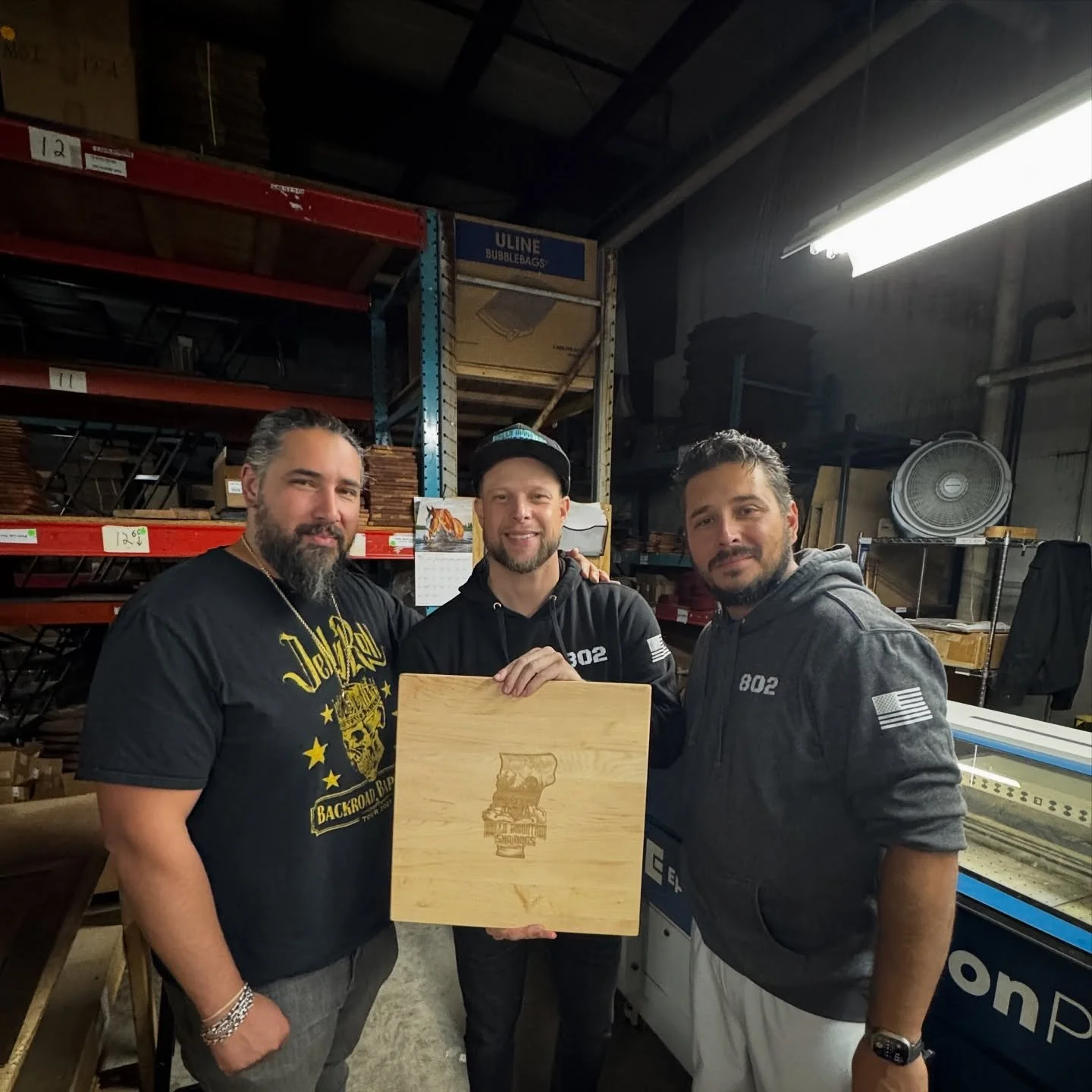Dominick. Lucas. And Richard accepting an Amazing Gift from Adam at @jkadamsco A truly 1 of 1 custom cutting board with the Sno Dog Logo inscribed. Stay tuned for behind the scenes video of the process!