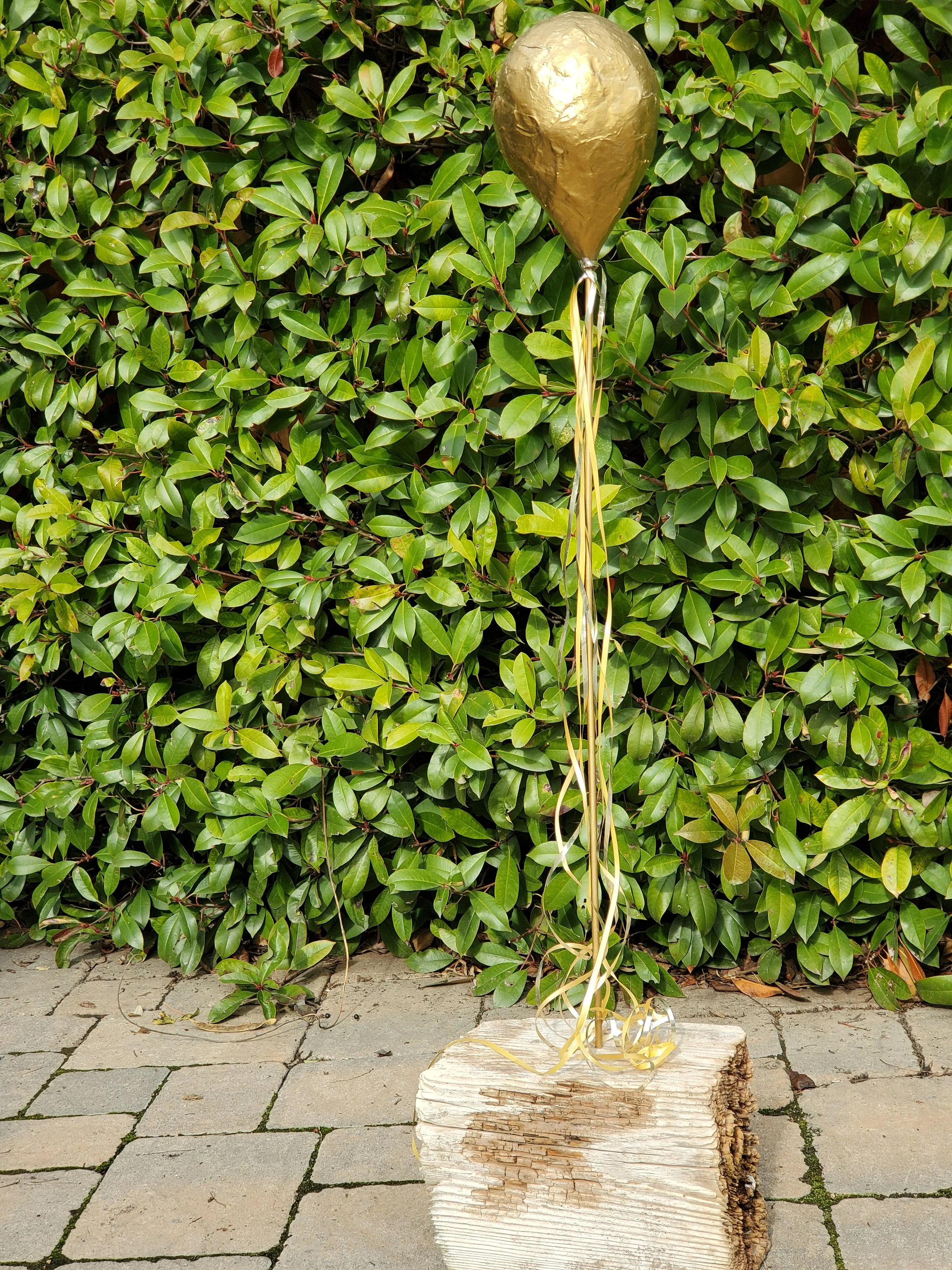 "Extended Fun" papier mache balloon attached to aged redwood block