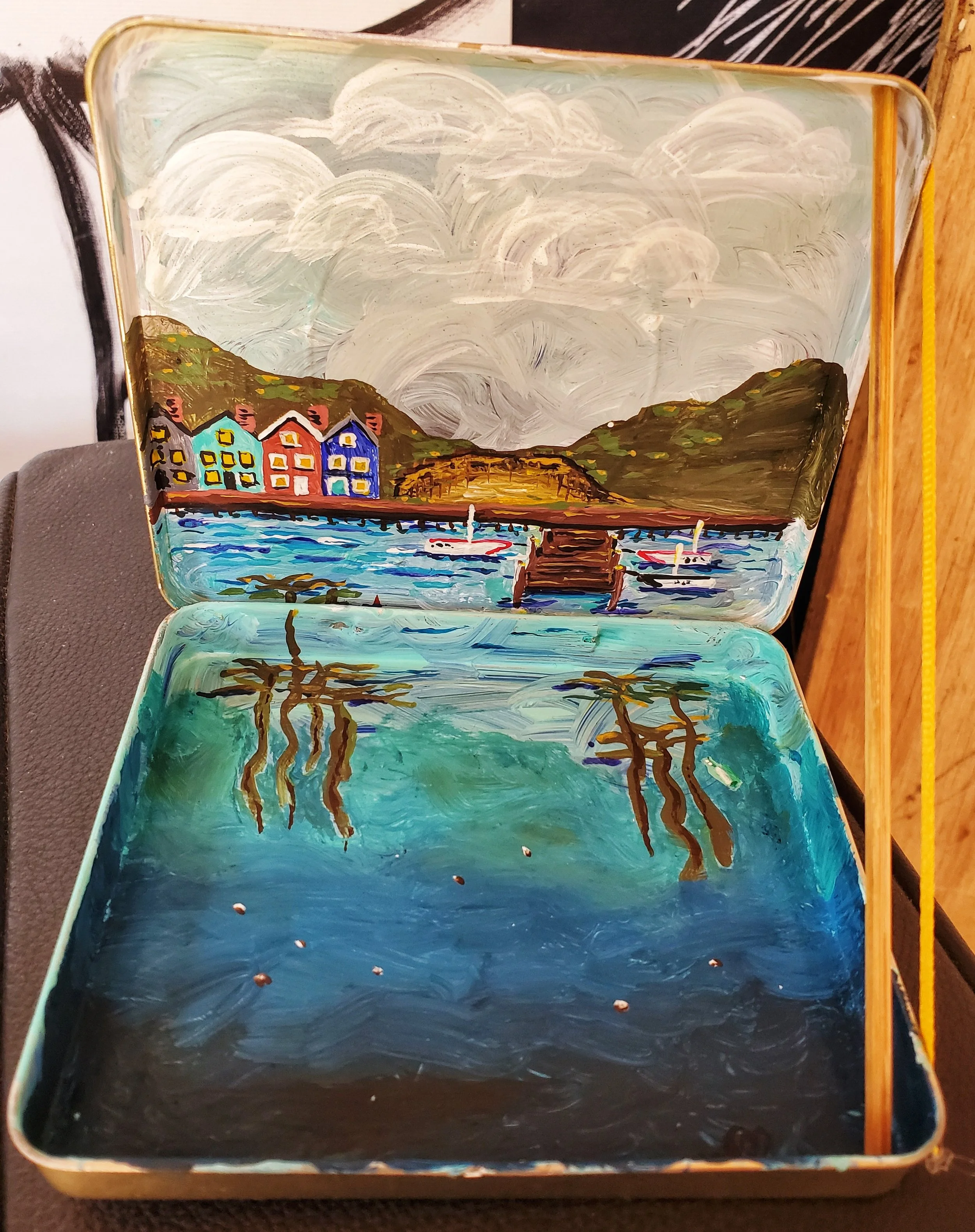 A Village on the Sea - a tin cigar box