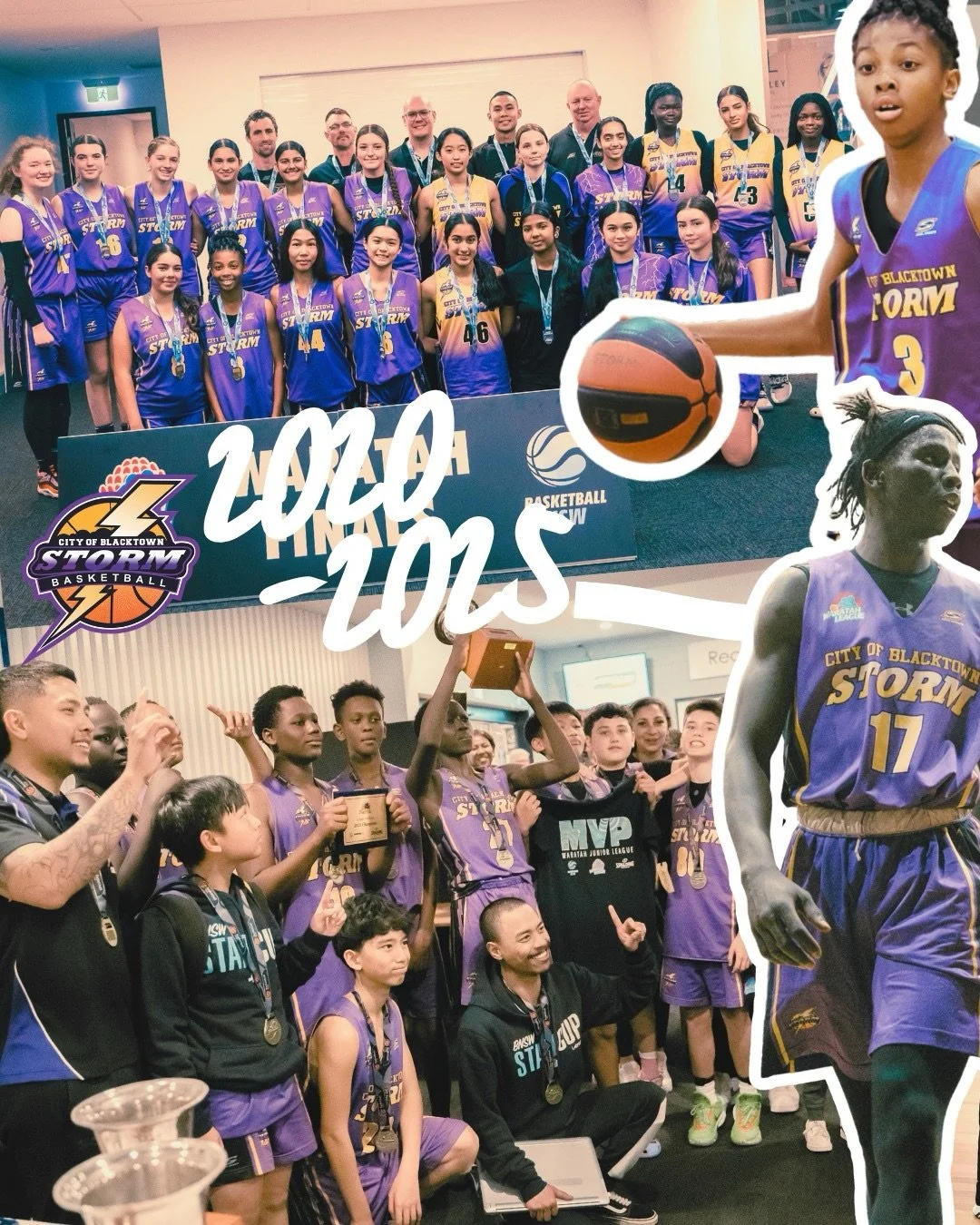 A combination photo with two team photos and two players, all wearing the current (2026) Blacktown Storm uniform, Purple with Gold writing that says "City of Blacktown Storm". Both team photos are of teams that were victorious in grand finals.