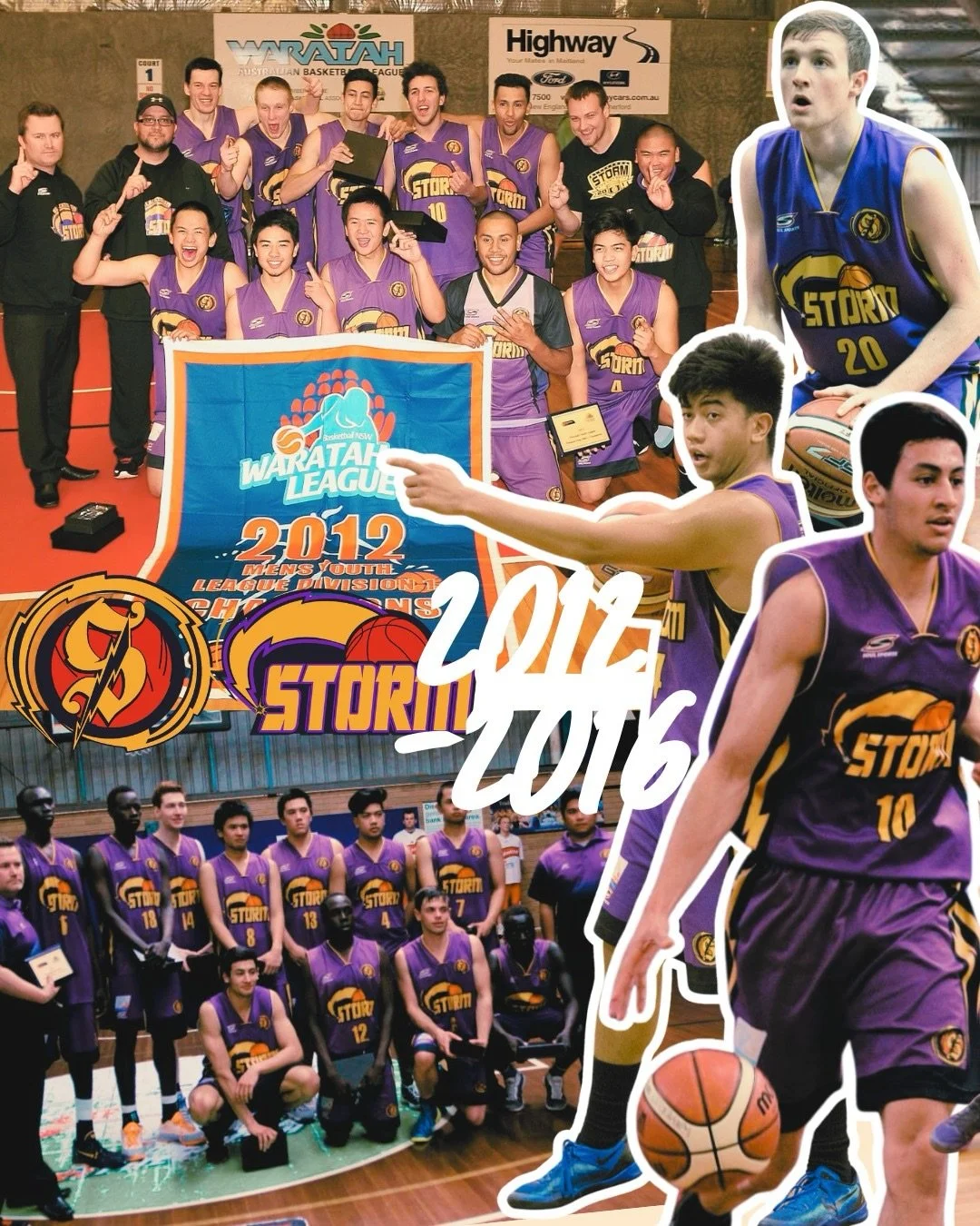 Combination photo of Blacktown Storm players and teams from the 2012-2016 range. They all wear purple basketball uniforms with GOLD writing "Storm" on the front.
