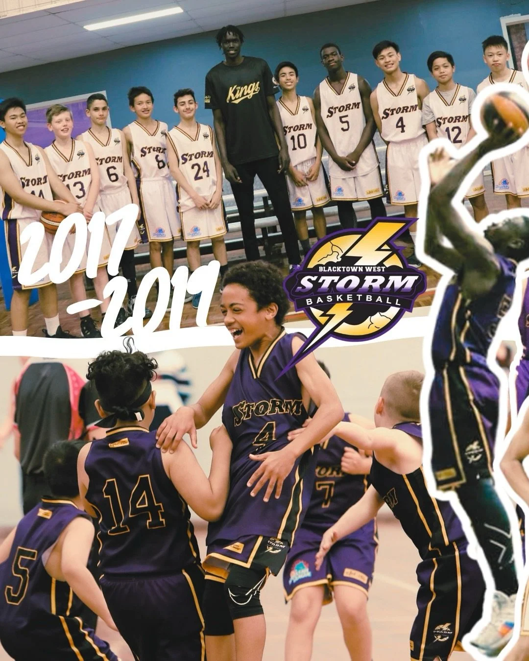Two team photos combined with the Blacktown West Storm logo - showing the 2017-2019 uniforms for the Blacktown Storm, White or Purple with black writing.