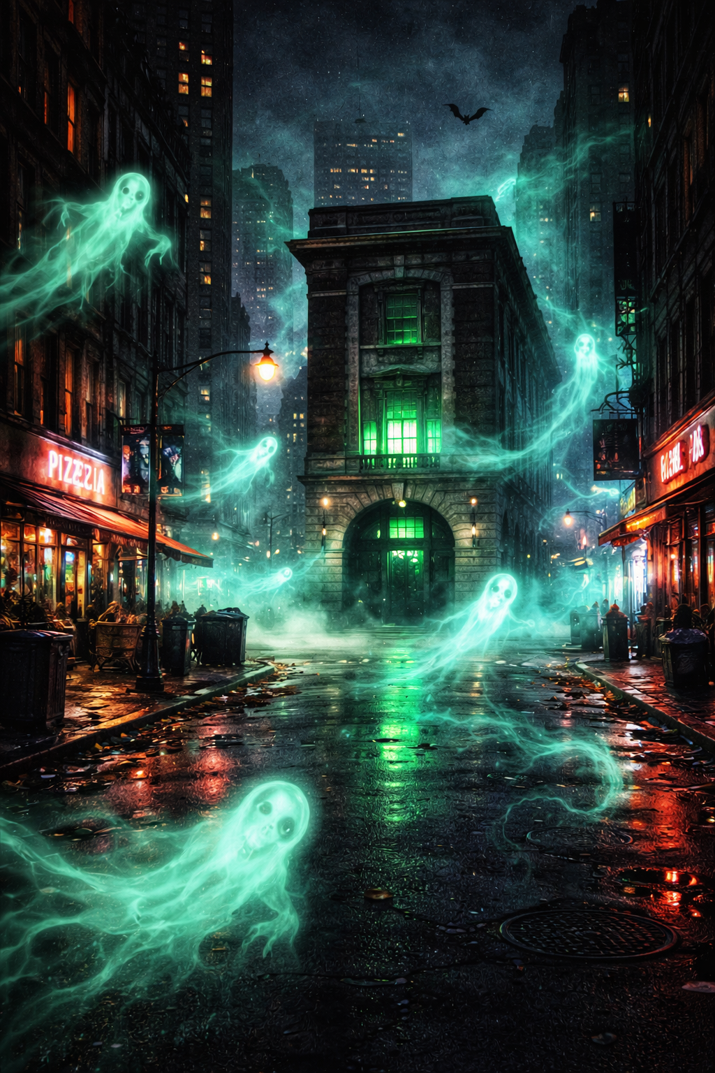 A dark city street at night with ghostly spirits floating around and a mysterious green-lit building in the background.