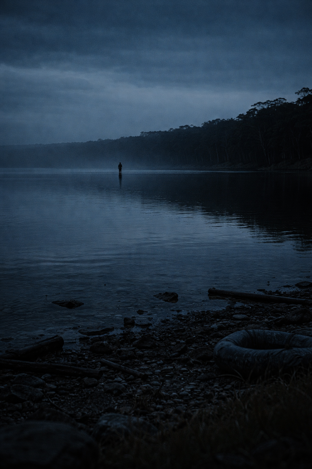 A solitary person standing in shallow water near a forested shoreline at dusk or dawn, with dark, overcast sky overhead and reflections on the water.