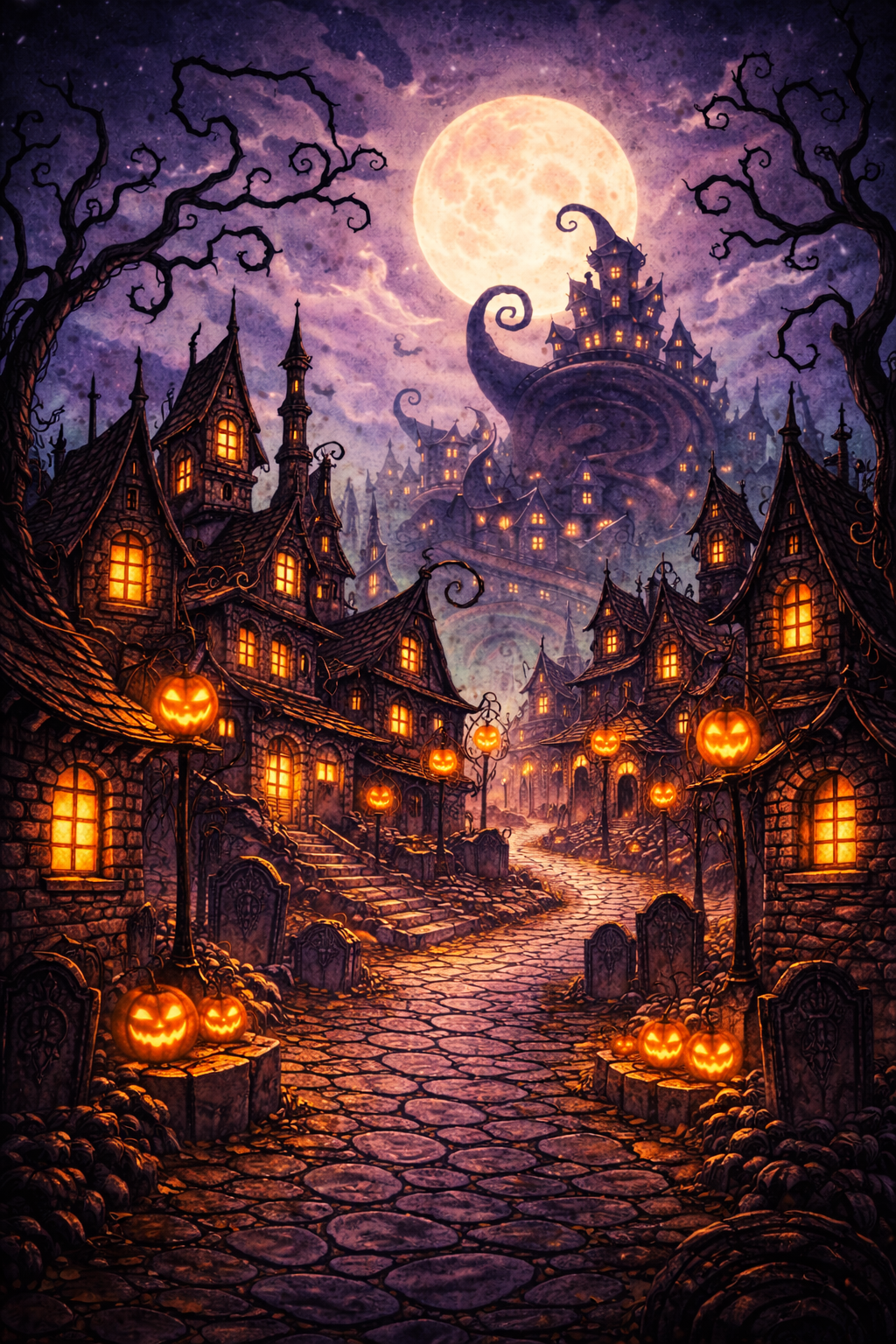 Dark, spooky Halloween scene featuring a cobblestone street lined with haunted houses and glowing pumpkin lanterns, under a full moon with a spooky, twisted castle in the background amidst eerie, leafless trees.