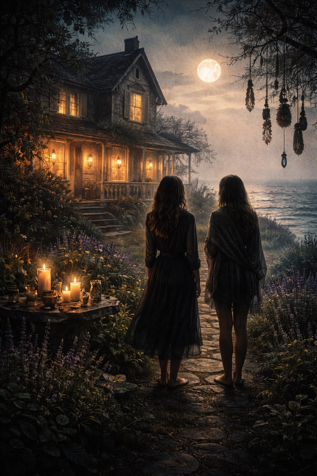 Two women stand barefoot on a stone path, gazing at a moonlit ocean and a large, rustic house with warm-lit windows and a porch with candles, surrounded by trees and hanging dried plants.