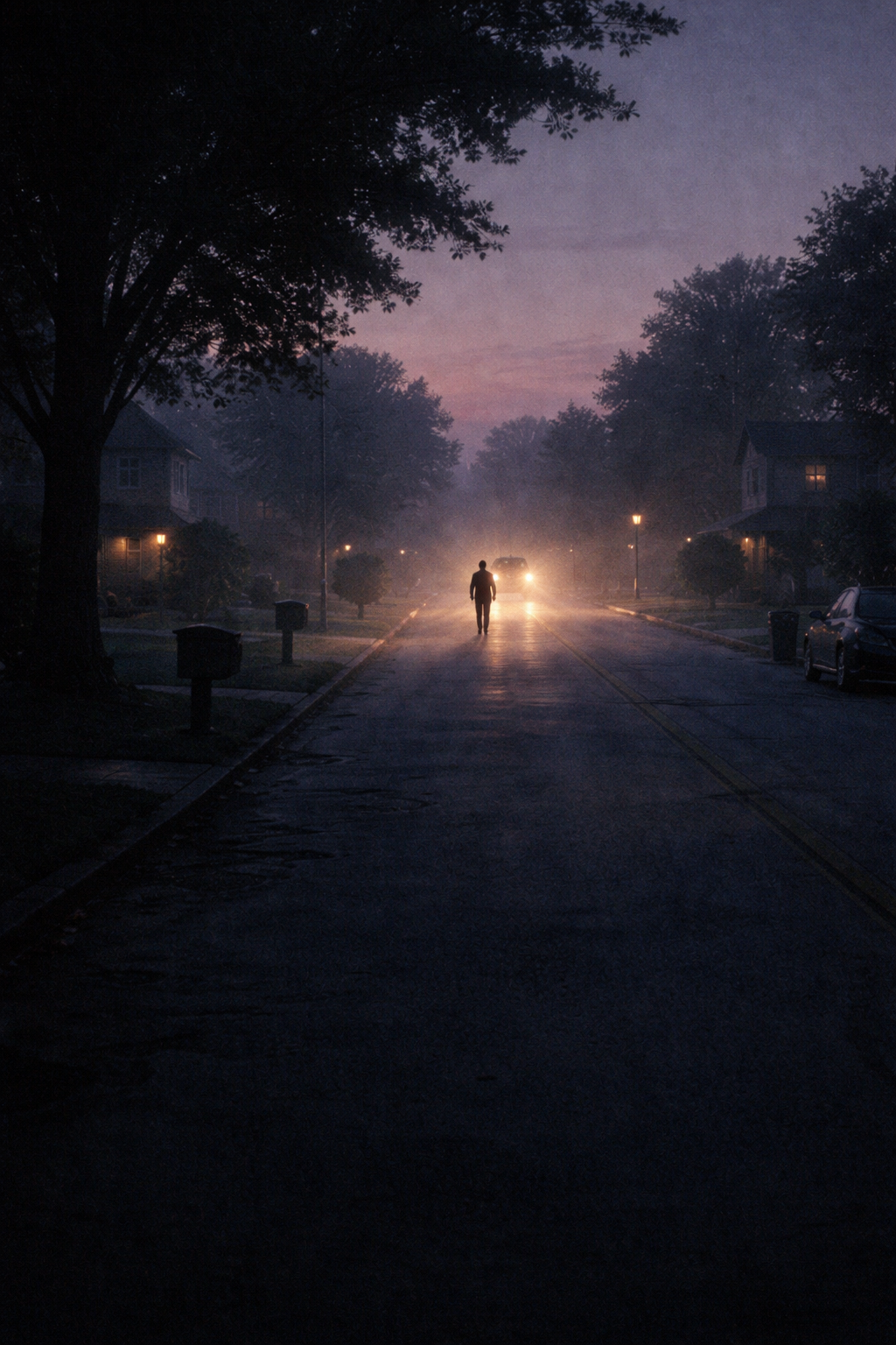 A person walking down a quiet neighborhood street at dusk, with the car headlights in the distance and streetlights on, surrounded by houses and trees.
