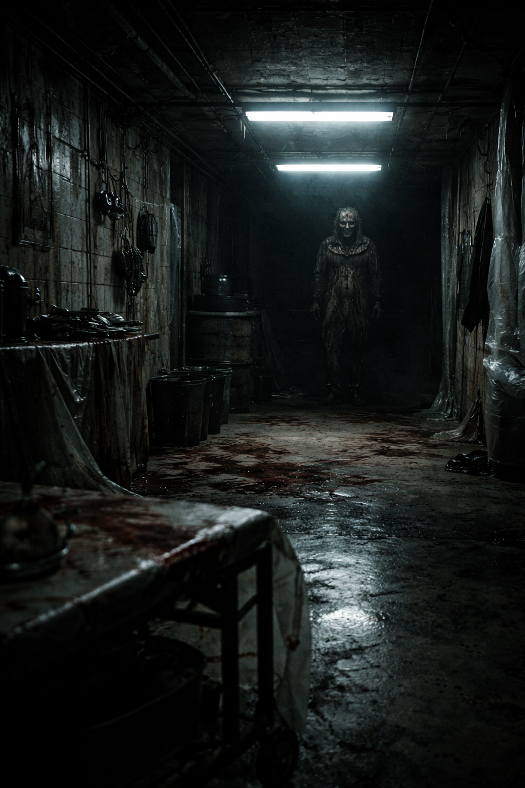 A dark, grimy, bloodstained hospital hallway with a sinister figure in a bloodied coat walking towards the camera, illuminated by dim, harsh fluorescent lighting.