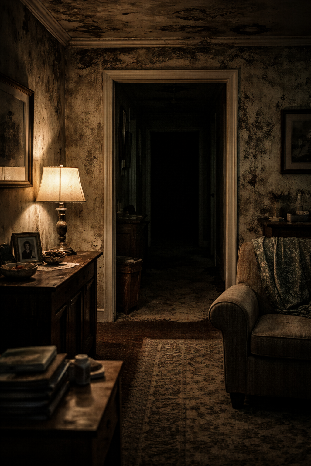 Dimly lit vintage living room with a lamp on a wooden sideboard, framed photo, and a cozy armchair with a blanket, leading to a dark hallway.