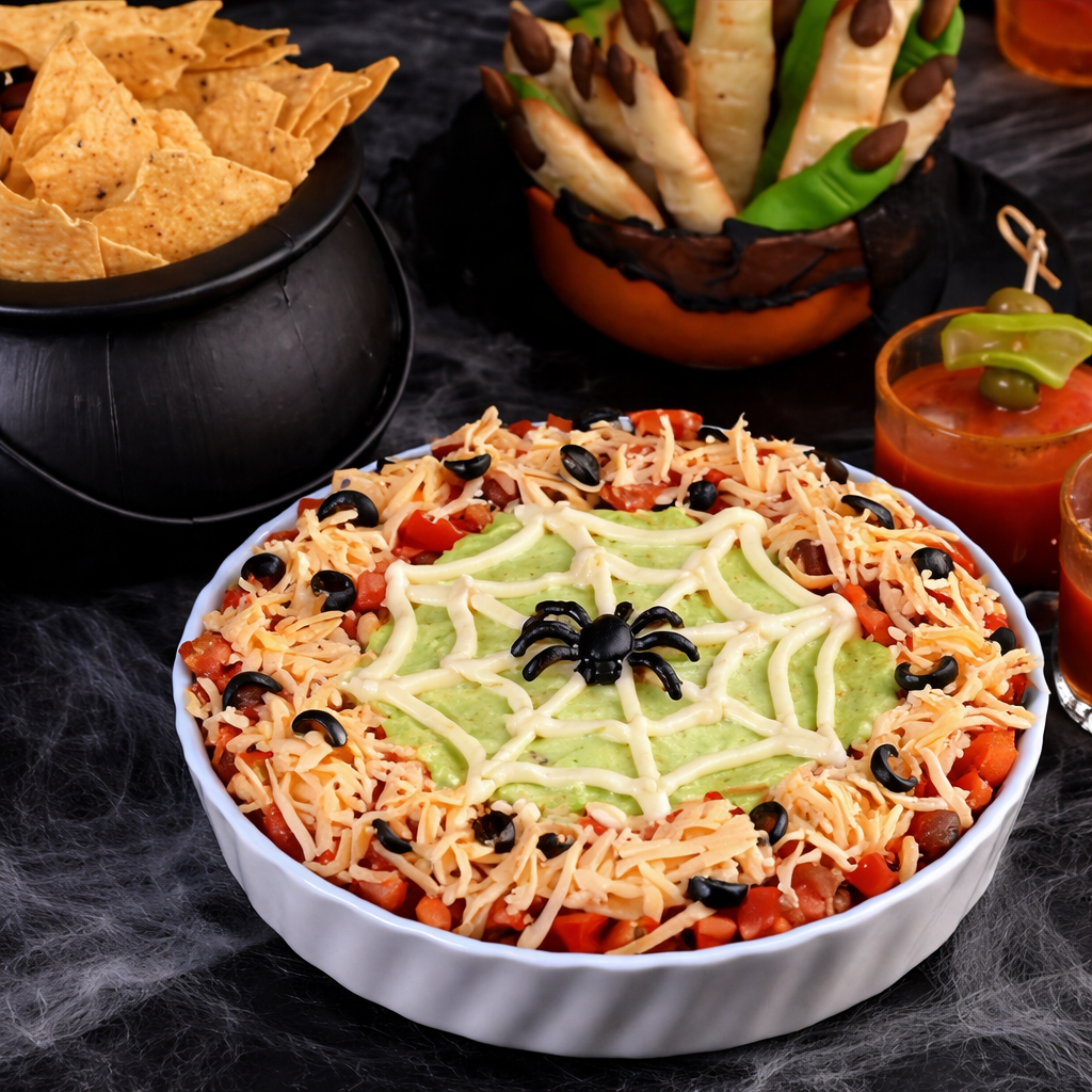 A Halloween-themed party spread with spider web pizza topped with cheese, tomatoes, and black olives, a black pot filled with tortilla chips and almonds, and two glasses of bloody Mary drinks garnished with lime and olives, with a small skull decoration and orange-colored objects in the background.