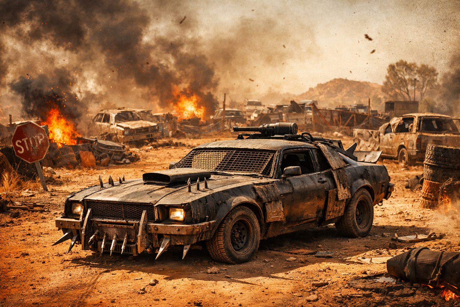 A scene of destruction with a wrecked, modified black car in the foreground, surrounded by burning vehicles, smoke, and debris in a chaotic, apocalyptic landscape.