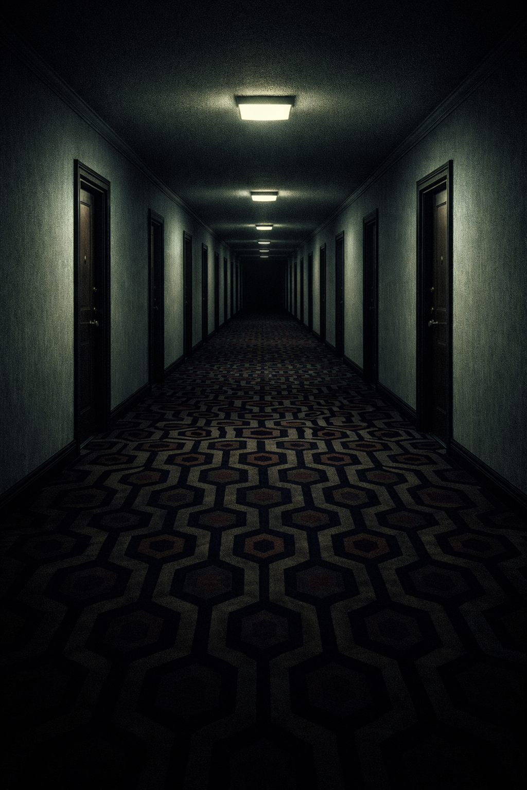Long, dark hotel corridor with patterned carpet, closed doors on both sides, and dim lighting from ceiling fixtures.