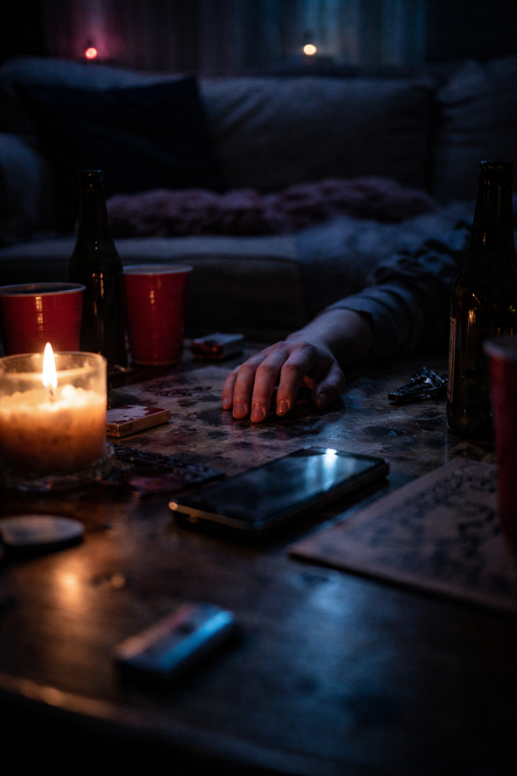 A dimly lit table with a lit candle, red cups, bottles, a smartphone, and a hand resting on the table in a cozy, dark room.