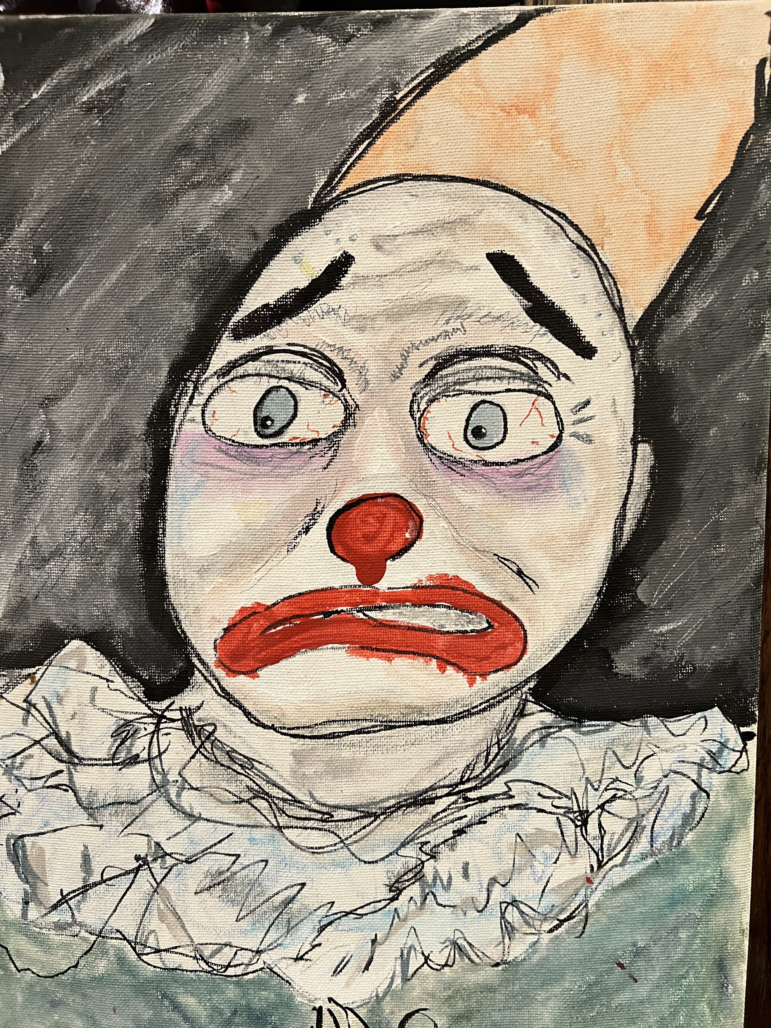 Clown with a worried expression, pale face, red nose, and red lips, with grayish eyes and dark eyebrows.