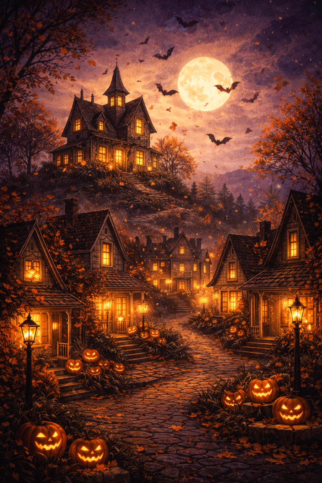 Haunted village with pumpkin lanterns, illuminated windows, full moon, bats, and orange autumn leaves.