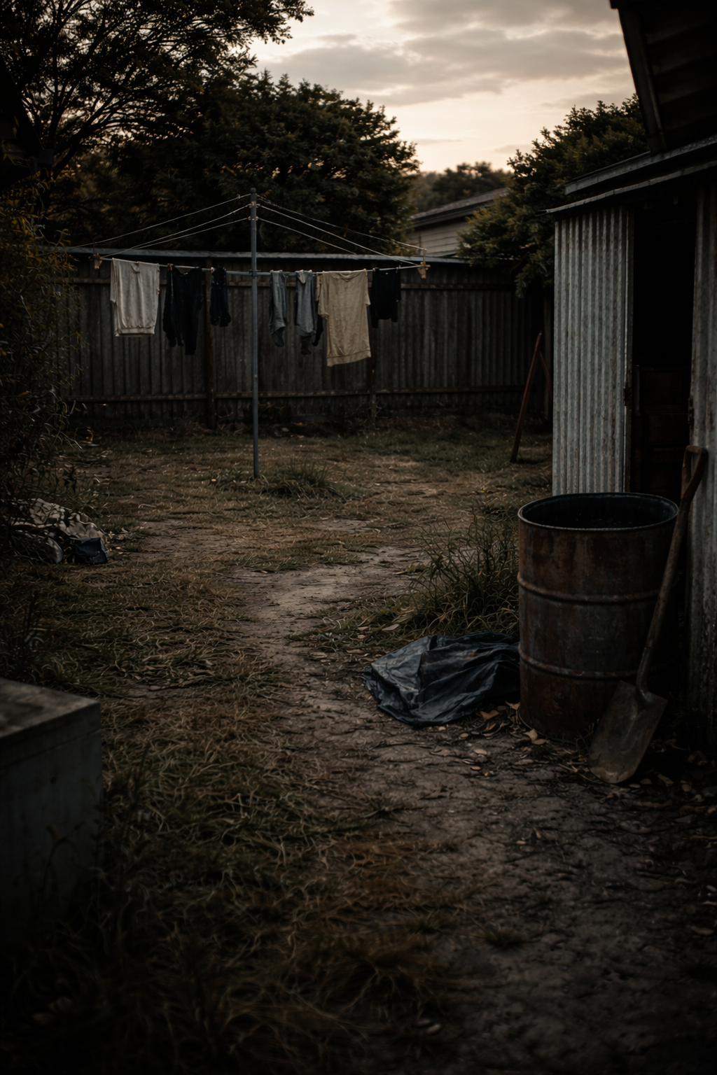 A backyard scene at dusk with clothes hanging on a rotary clothesline, a weathered metal shed, a rusty barrel, a shovel, and overgrown grass and dirt ground.