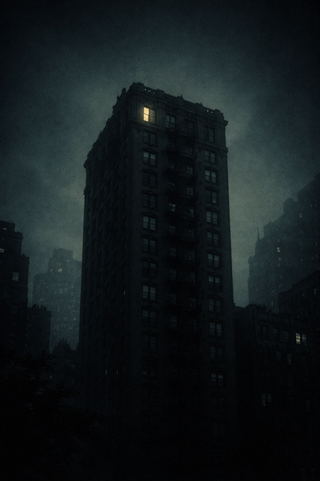 Dark, foggy night scene of a tall apartment building with one lit window at the top.