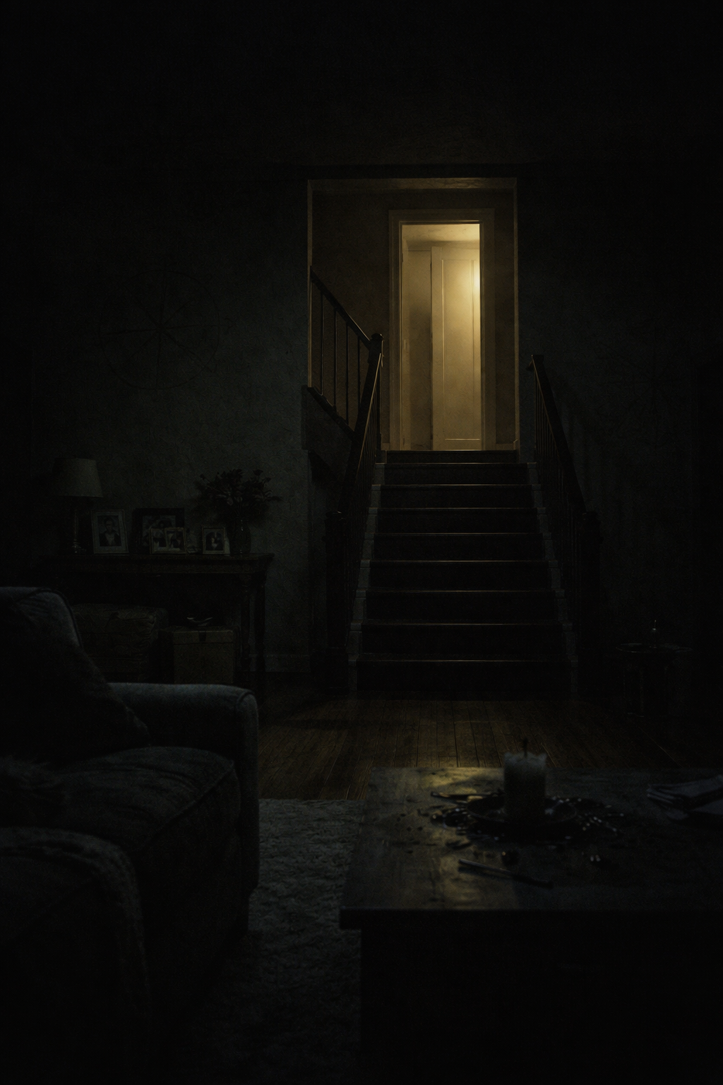 Dark living room with a staircase leading up to a lit doorway