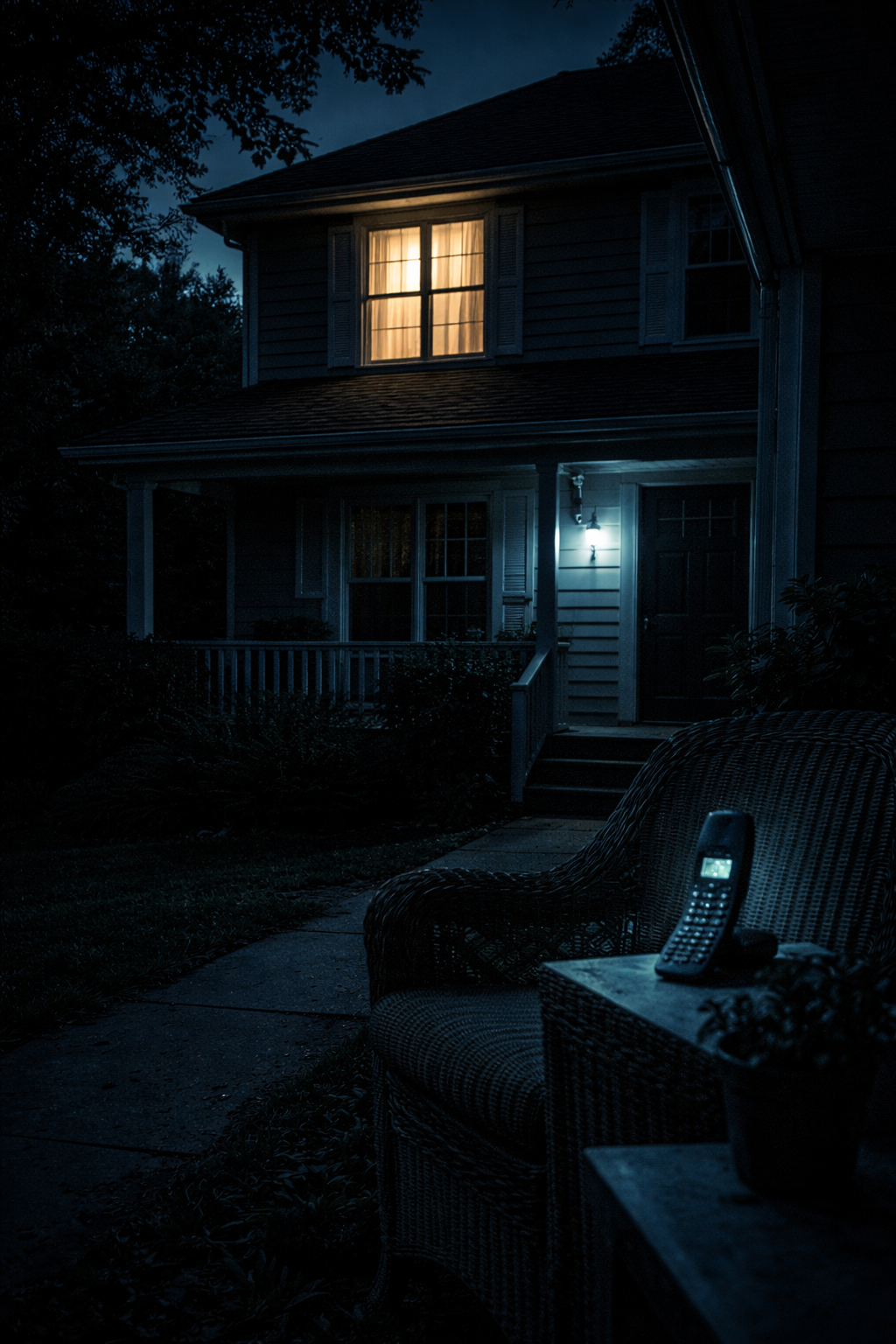A house at night with illuminated window and porch light, outdoor wicker furniture with a cordless landline phone, and a dark sky with trees.