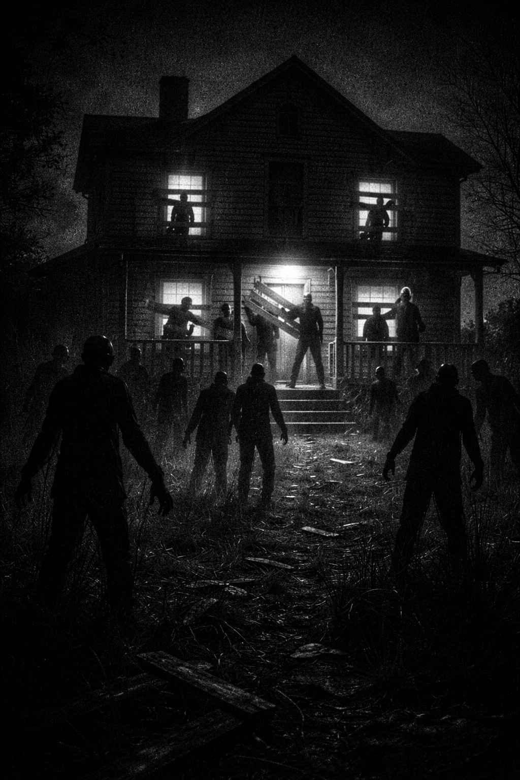 Dark, eerie scene of zombies approaching a haunted house at night, with some zombies on the porch and others in the yard, all in black and white.