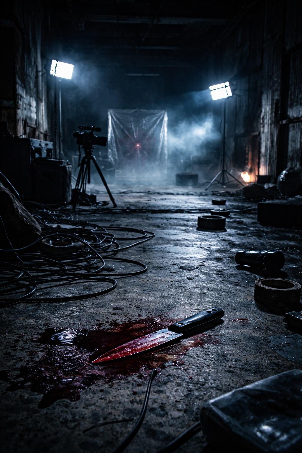 A dimly lit, abandoned warehouse with scattered debris, a blood-stained kitchen knife on the floor, and horror film lighting creating an eerie atmosphere.