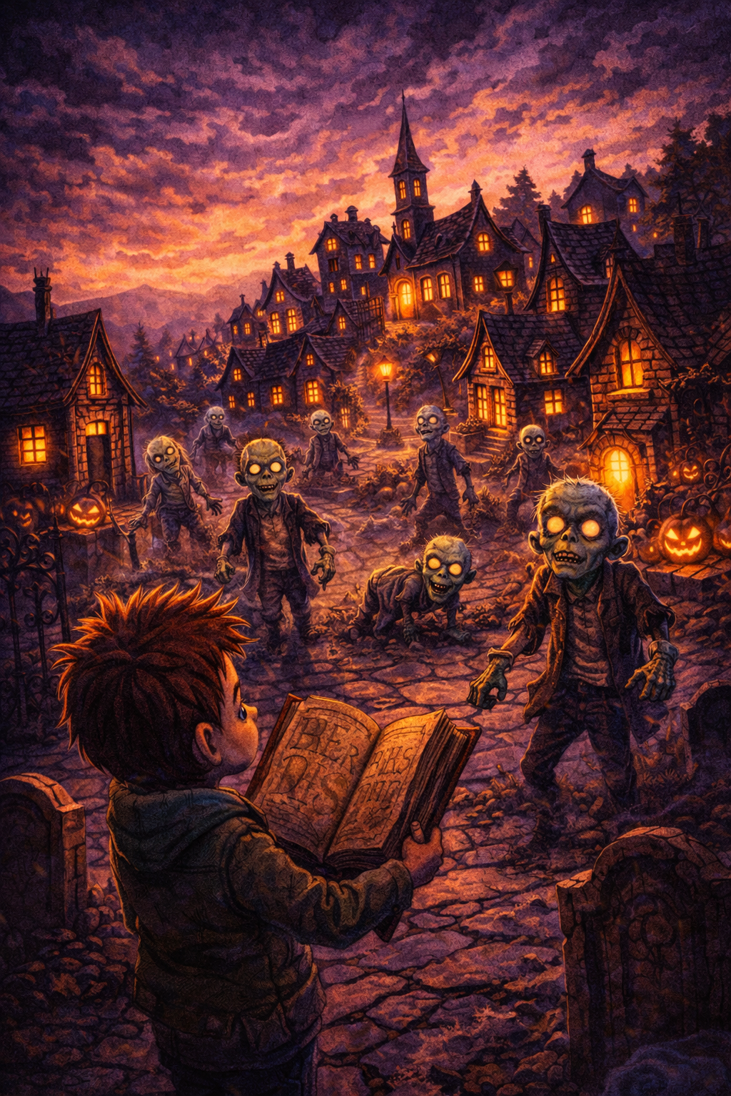 A young boy holding an open book, looking at a graveyard filled with zombie-like creatures in a spooky, lit-up haunted village at sunset.