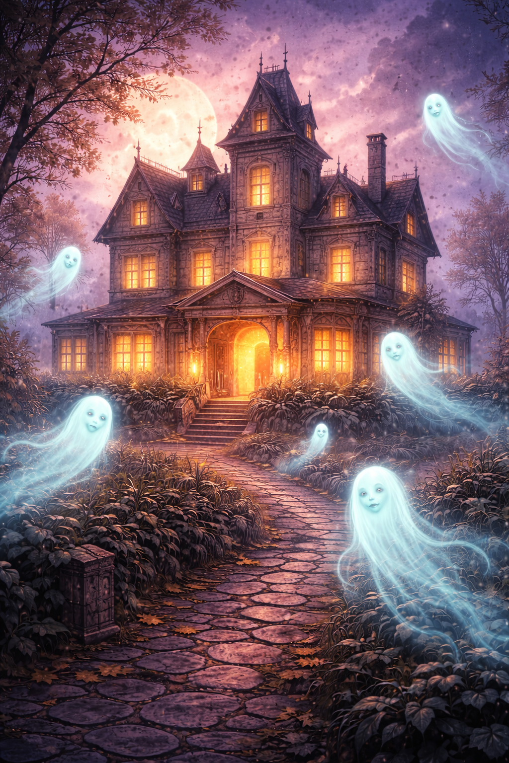 Haunted Victorian mansion illuminated from within, surrounded by dark trees with a full moon and purple night sky. Ghostly spirits float around the house.