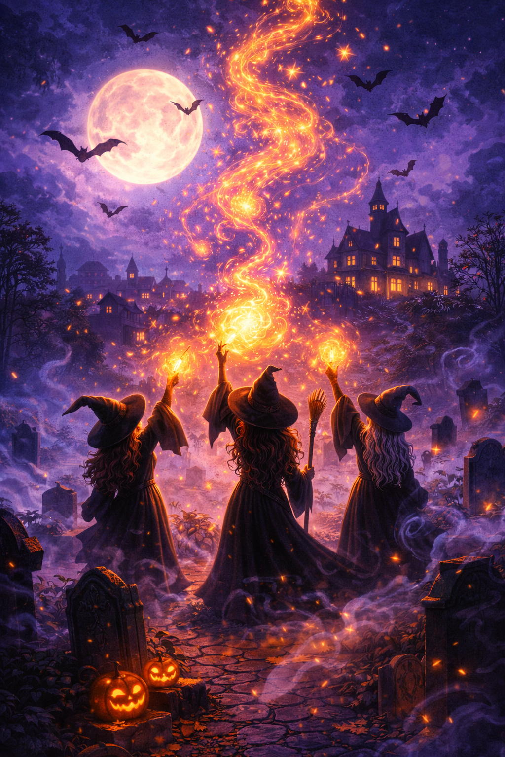 Three witches casting a spell in a haunted graveyard on a spooky Halloween night, with a large full moon, flying bats, and a haunted house in the background.