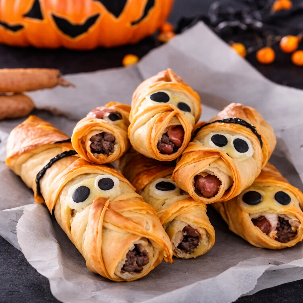 Halloween mummy taquitos with black and white eyes and black bandages on a tray, with a carved pumpkin in the background.