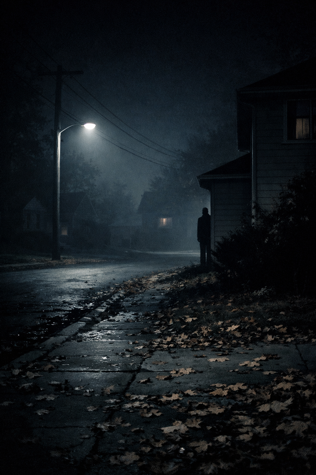 A dark, foggy street at night illuminated by a single streetlamp, with a person standing near a house in the shadows, fallen leaves on the wet sidewalk.