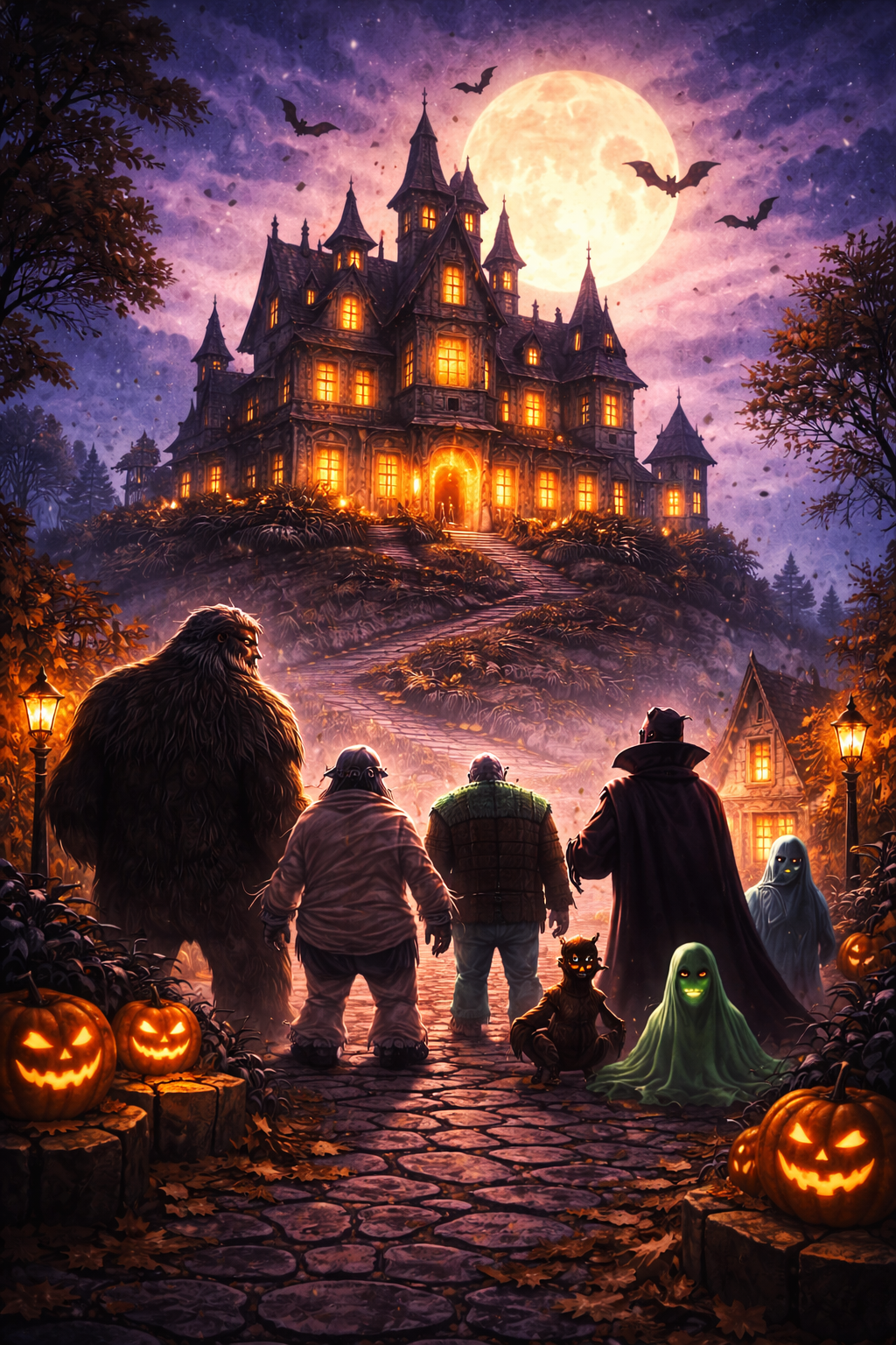 A spooky Halloween scene featuring a haunted house on a hill illuminated by glowing lights and a full moon in the night sky. Four people, including a werewolf, a ghost, a witch, and a vampire, stand in front of the house on a cobblestone path bordered by carved pumpkins with glowing faces.