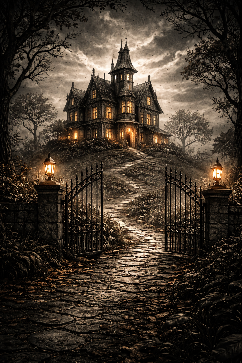 A spooky, dark Victorian mansion with lit windows sits atop a hill, viewed through an open wrought iron gate. A winding stone pathway leads up to the house, flanked by lanterns and leafless trees, under a cloudy, moonlit sky.