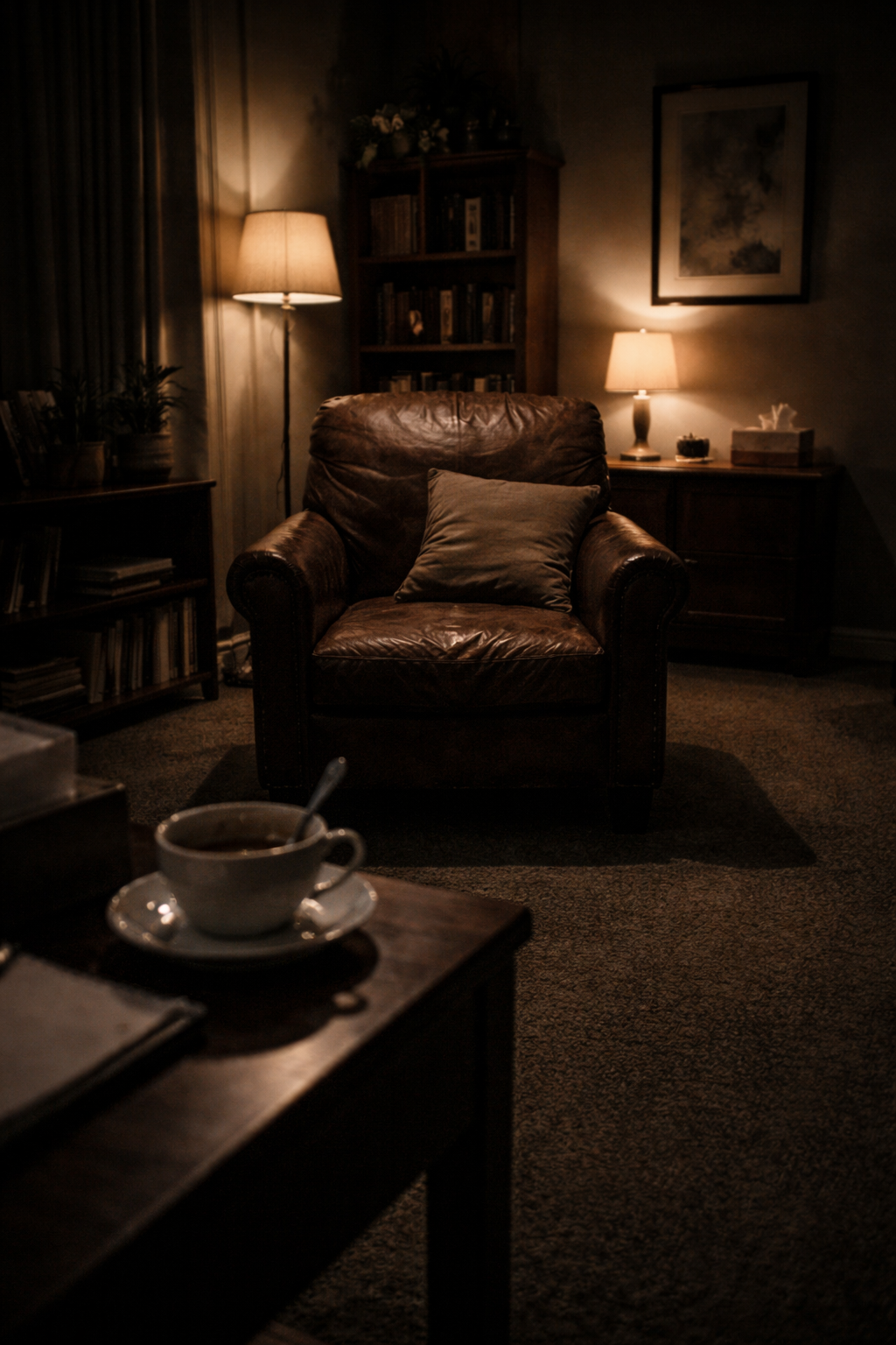 A cozy living room with a leather armchair, a lamp, bookshelf, side table with a lamp, framed picture, and a coffee cup on a table.