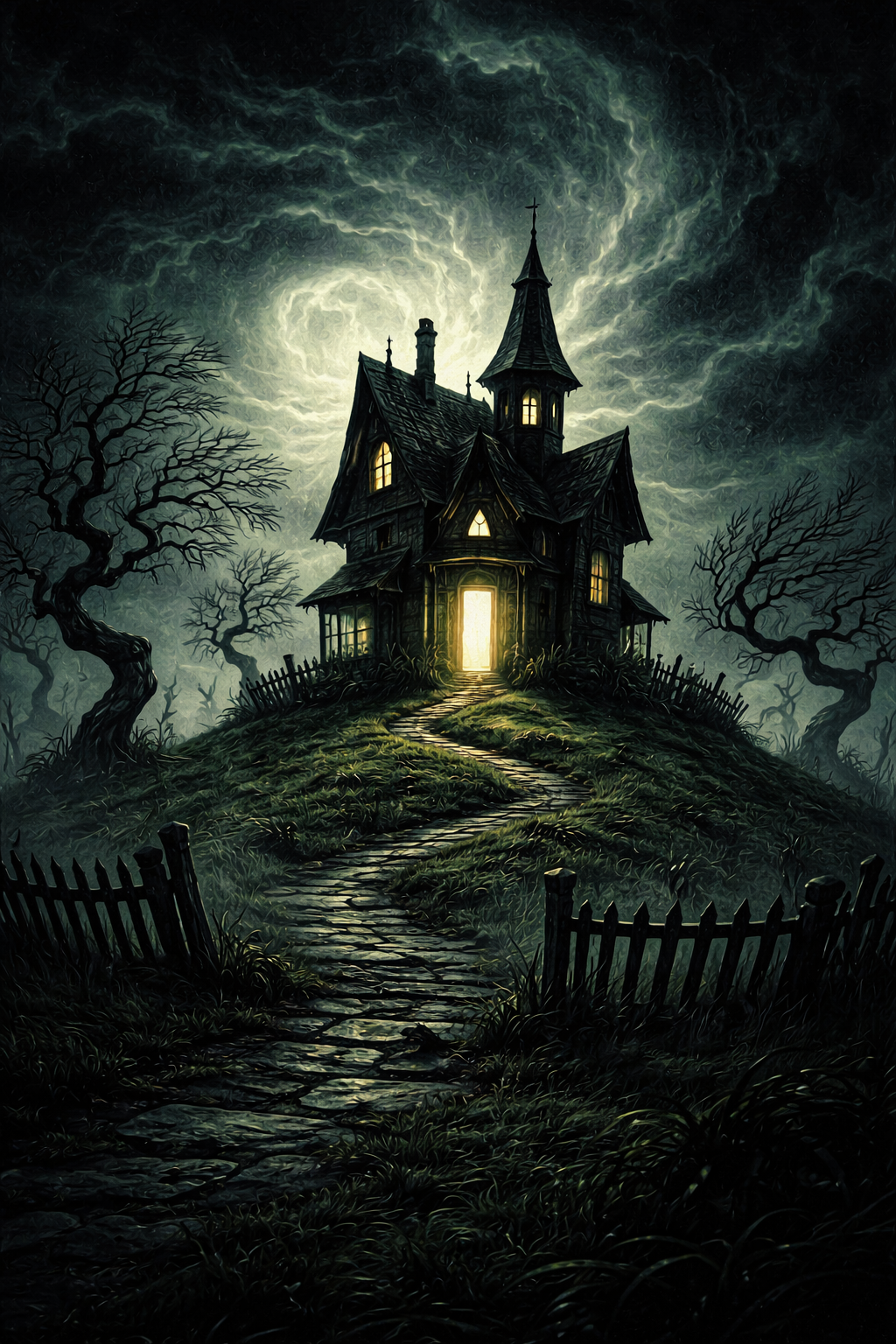 Spooky dark house on a hill with glowing windows, a winding stone path, leafless trees, and a night sky with swirling clouds.