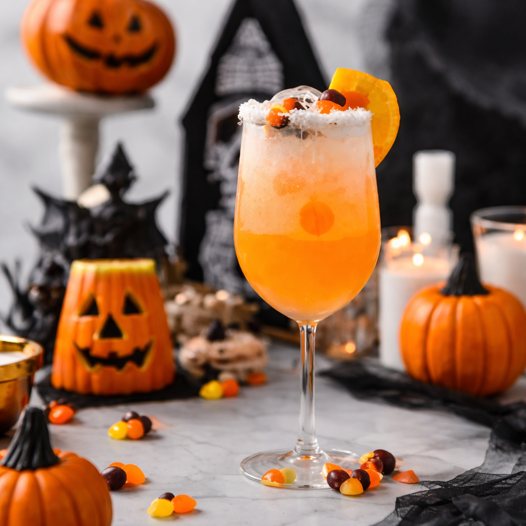A Halloween-themed table setup with a colorful cocktail garnished with fruit and decorations, including pumpkins and a spooky background.