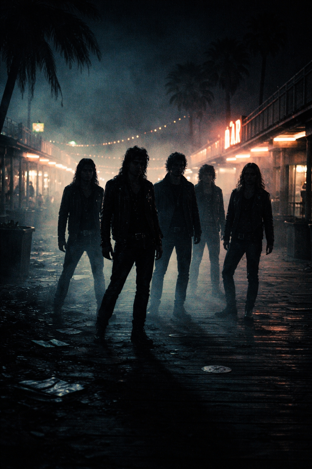 Five people standing on a wet street at night, silhouetted against a misty background with palm trees and neon lights, wearing dark jackets.