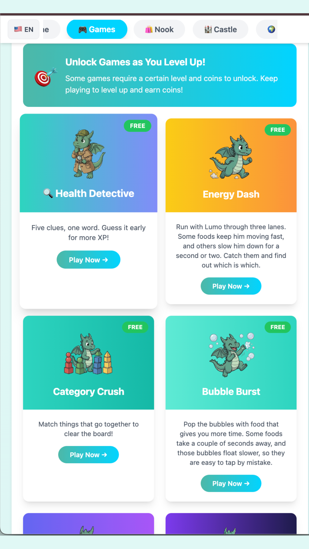 HealthQuest games screen where kids unlock games as they level up, including Health Detective, Energy Dash, Category Crush, and Bubble Burst