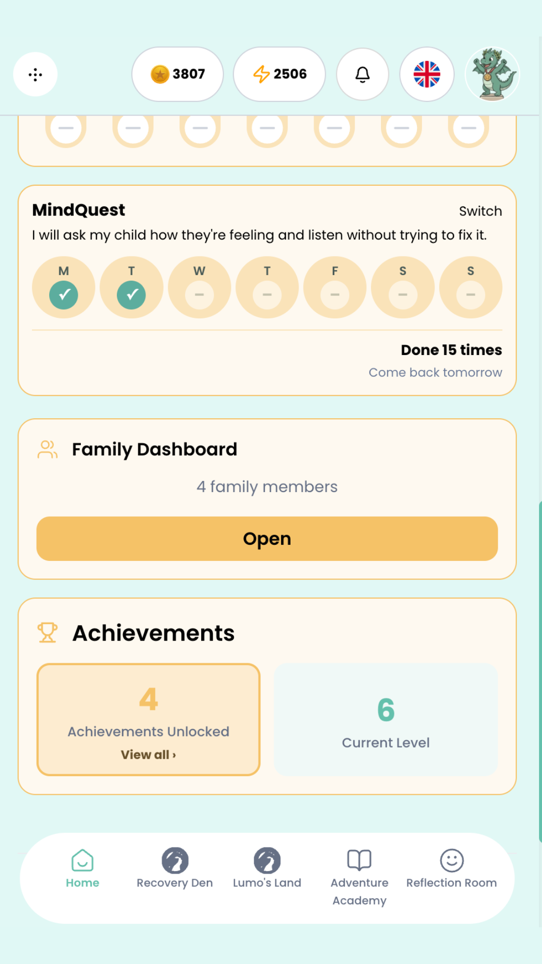 HealthQuest home screen with a parent’s weekly goal, the family dashboard, and achievements